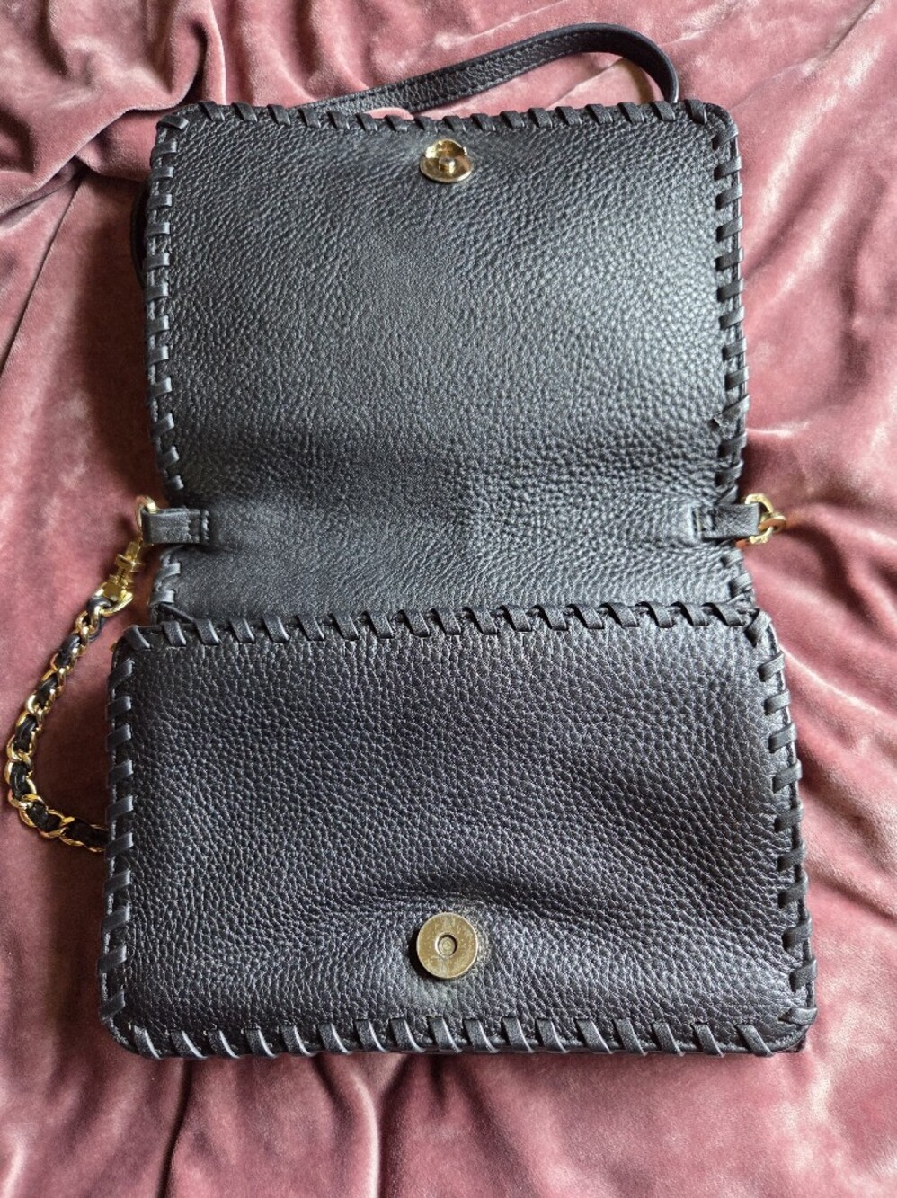 Tory Burch Marion Combo Crossbody Purse - Black Pebbled Leather Whipstitch - Picture 6 of 13